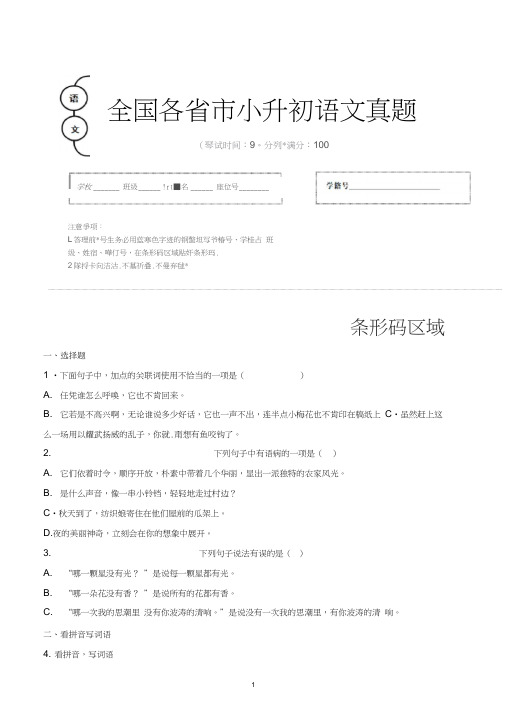 【小升初】2020年江苏省盐城市小升初语文毕业会考试题含答案(全网唯一)