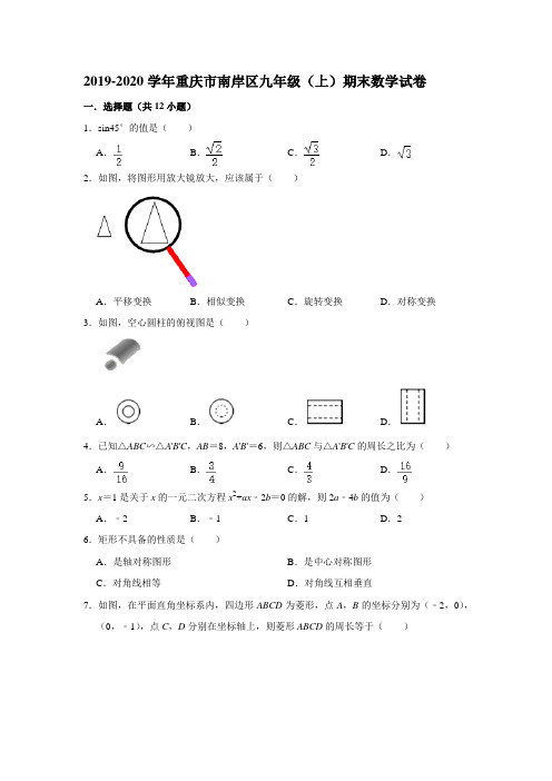 重庆市南岸区2019-2020学年九年级上学期期末教学质量监测数学试题解析版