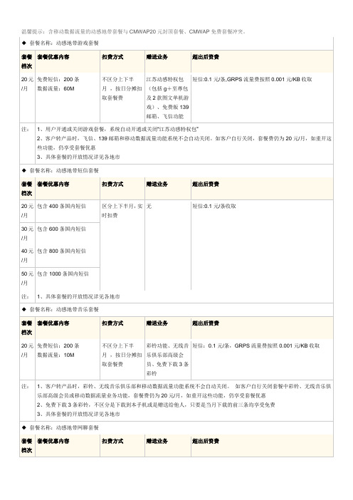 动感地带各类套餐资费标准