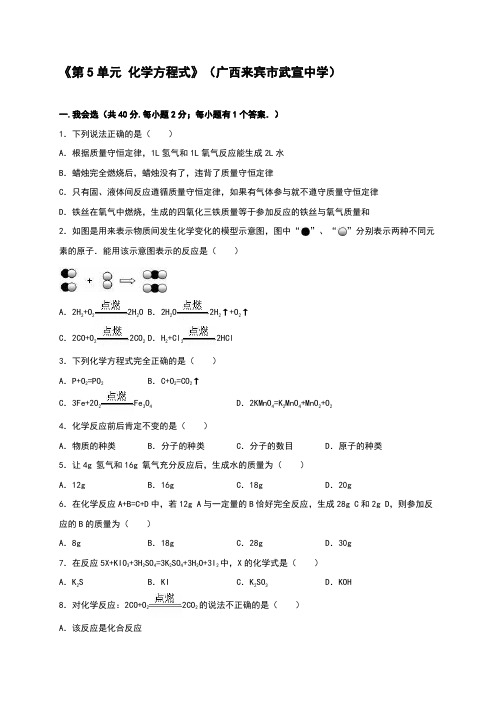 2016年人教版九年级化学上册单元测试《第5单元 化学方程式》(广西来宾市武宣中学)(解析版)