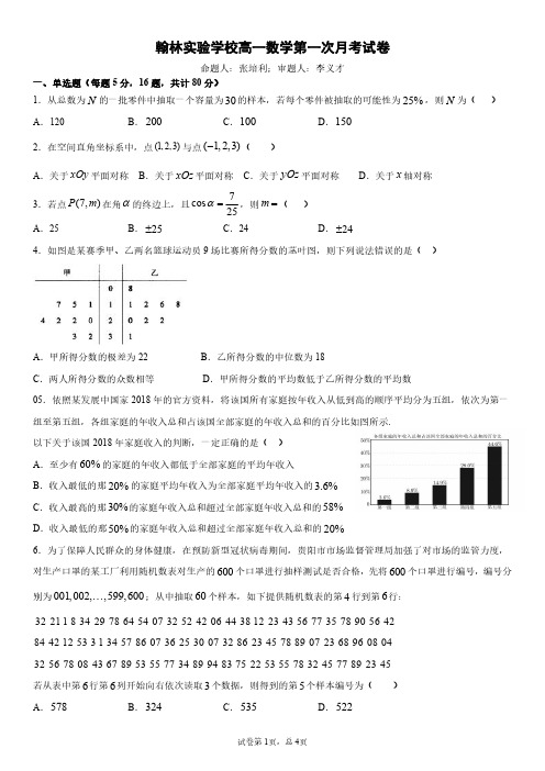 广东省东莞市翰林实验学校2019-2020学年高一4月月考数学试题(图片版,无答案)