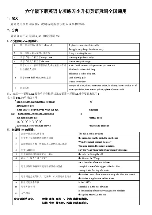 六年级下册英语专项练习小升初英语冠词全国通用
