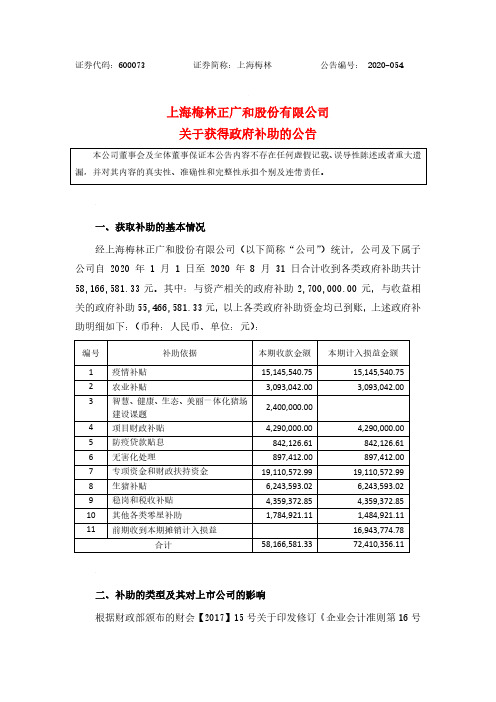 2020-09-23 上海梅林 关于获得政府补助的公告