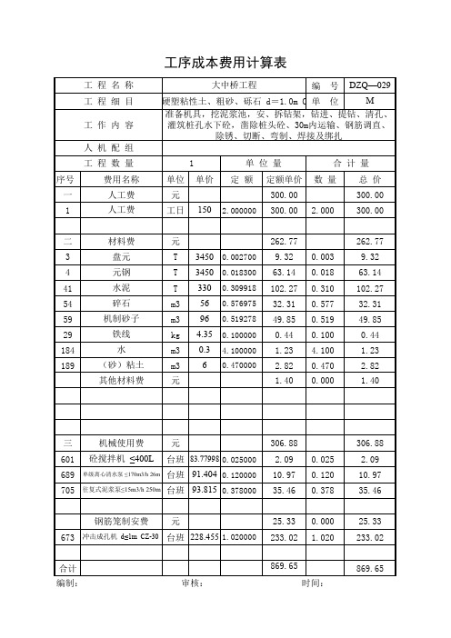 钻孔桩(硬塑粘性土、粗砂、砾石 d=1.0m C20)成桩(大中桥工序成本费用计算表)