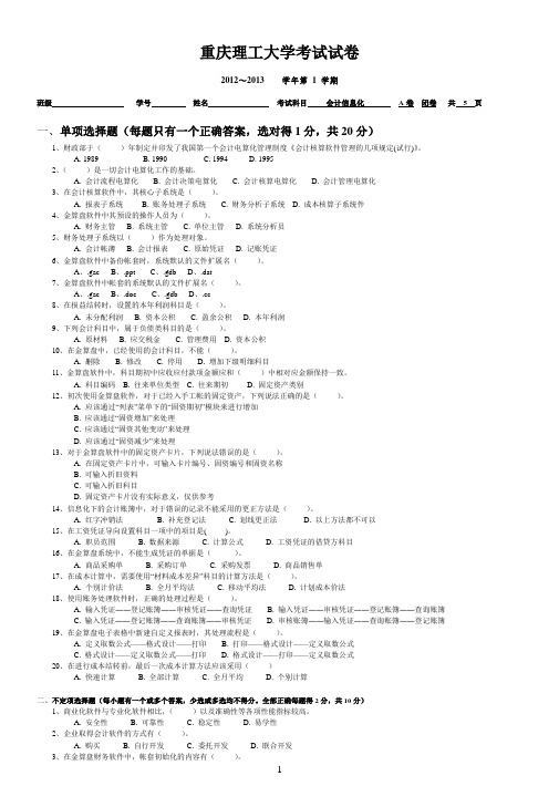 重庆理工大学会计信息化试卷A——试卷(商贸信息学院,李鑫)