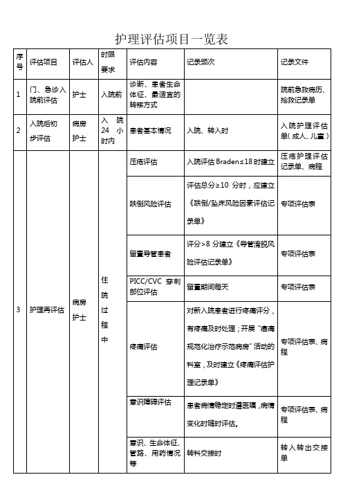 护理评估项目一览表