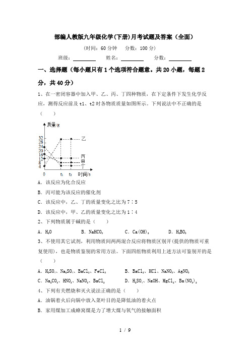 部编人教版九年级化学(下册)月考试题及答案(全面)