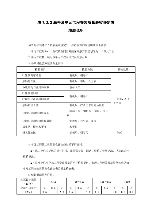 深井泵单元工程安装质量验收评定表