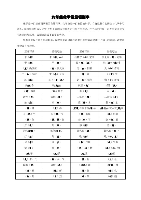 九年级化学常见错别字