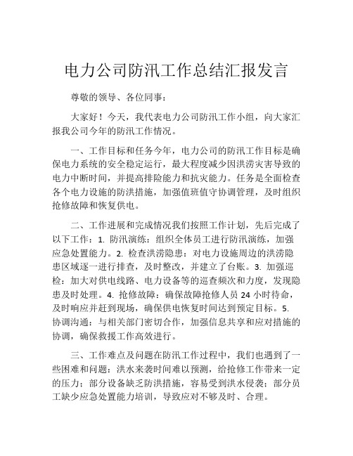 电力公司防汛工作总结汇报发言