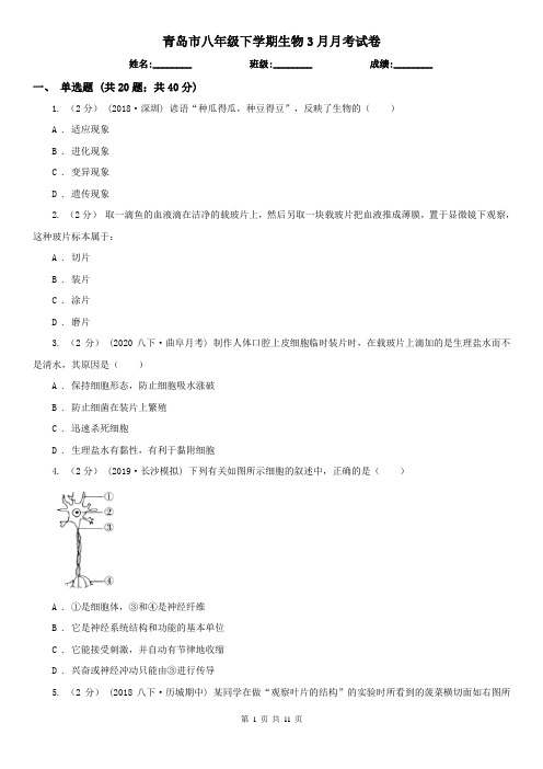 青岛市八年级下学期生物3月月考试卷