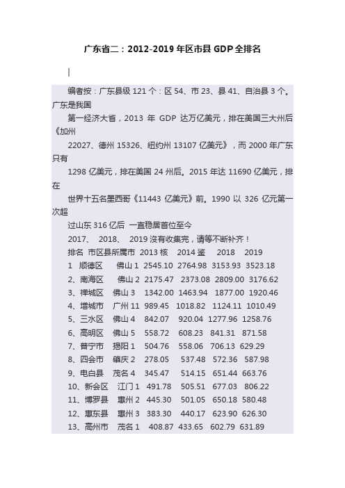 广东省二：2012-2019年区市县GDP全排名