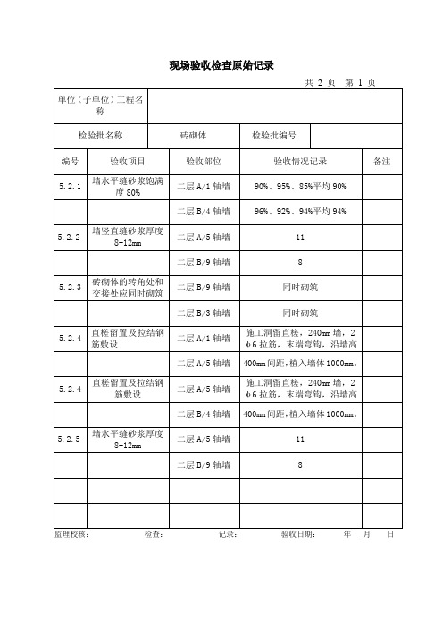 现场验收检查原始记录样表砌体