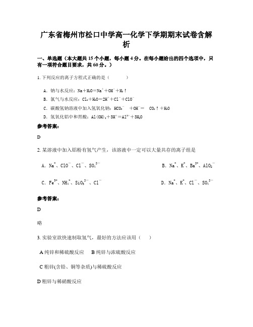 广东省梅州市松口中学高一化学下学期期末试卷含解析