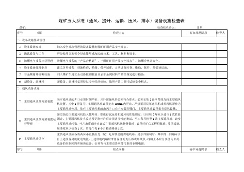 煤矿五大系统通风提升运输压风排水设备设施检查表