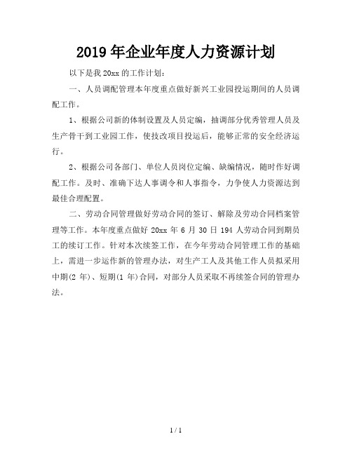 2019年企业年度人力资源计划