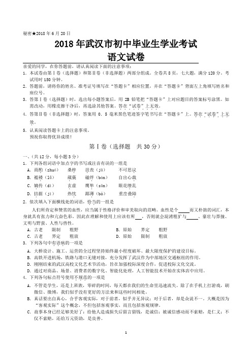 2018年武汉市中考真题(含语文、数学、英语,物理,化学共5科及参考答案)