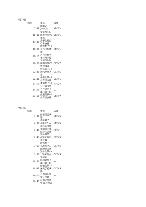 2012伦敦奥运会转播时间表