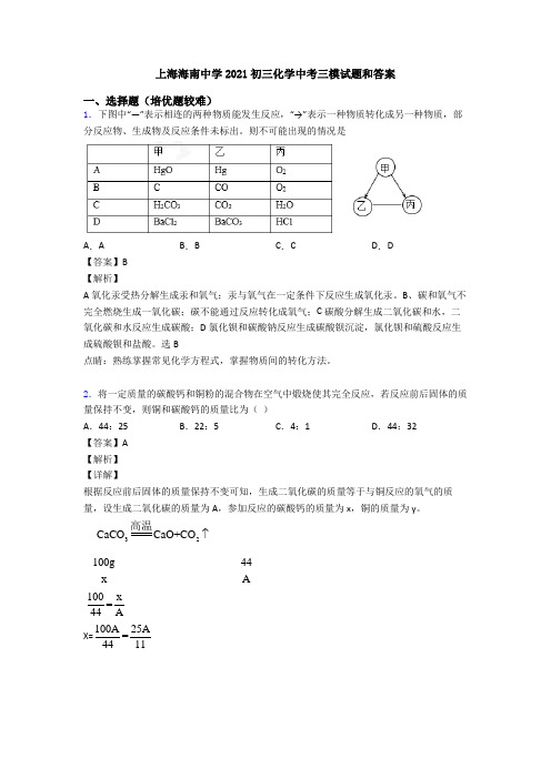 上海海南中学2021初三化学中考三模试题和答案