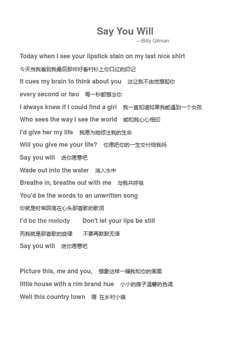 Say you will-Billy Gilman中英歌词