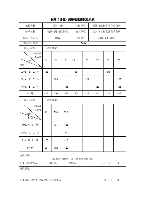 线路(设备)绝缘电阻测试记录表