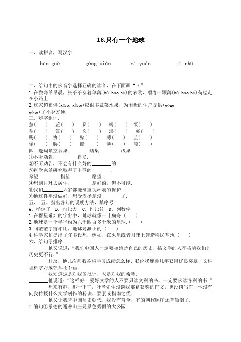 人教部编版六年级语文上册一课一练18只有一个地球(含答案)