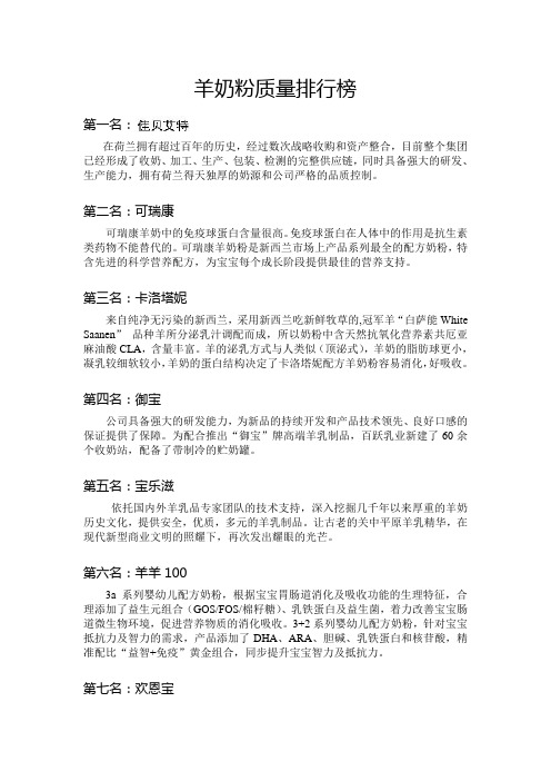羊奶粉质量排行榜