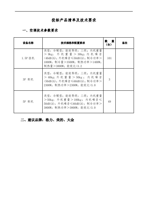 投标产品清单及技术要求