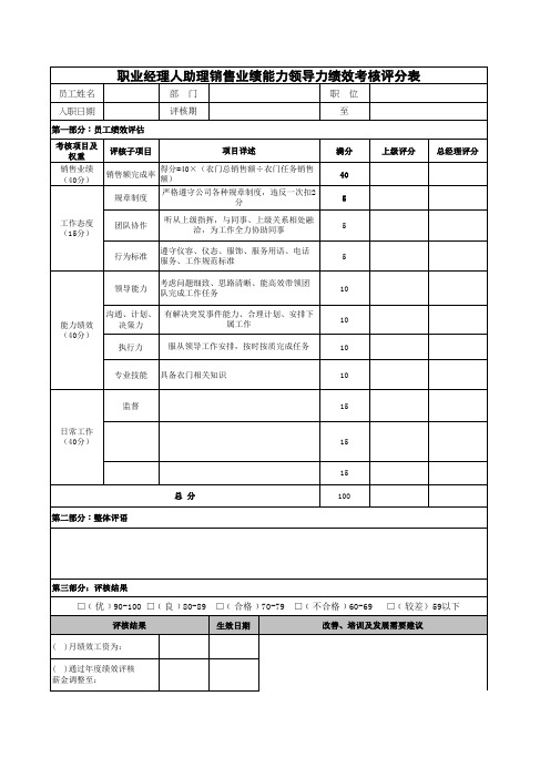 职业经理人助理销售业绩能力领导力绩效考核评分表