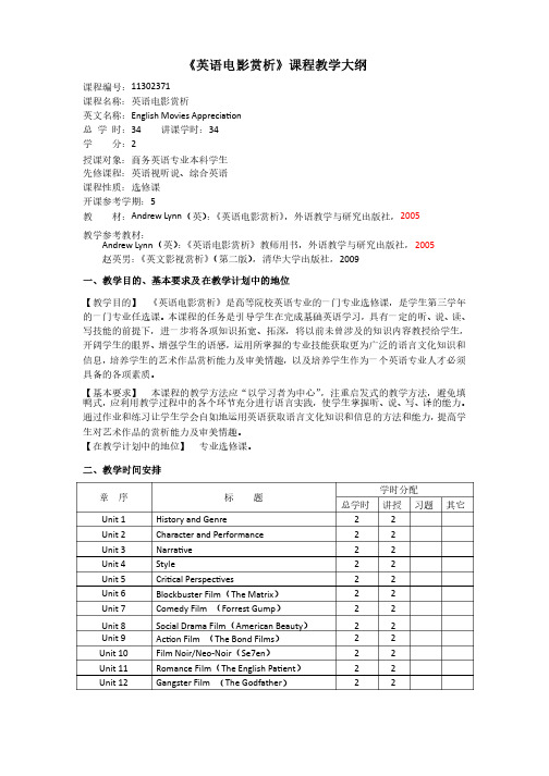 《英语电影赏析》课程教学大纲