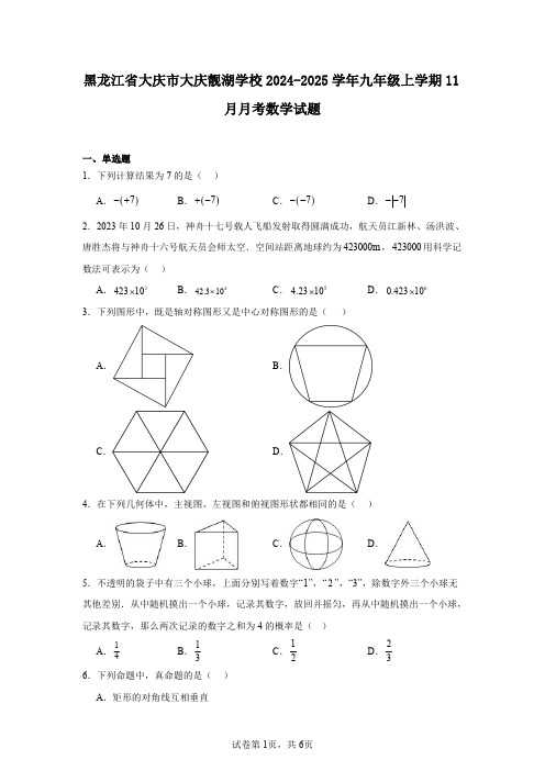 黑龙江省大庆市大庆靓湖学校2024-2025学年九年级上学期11月月考数学试题