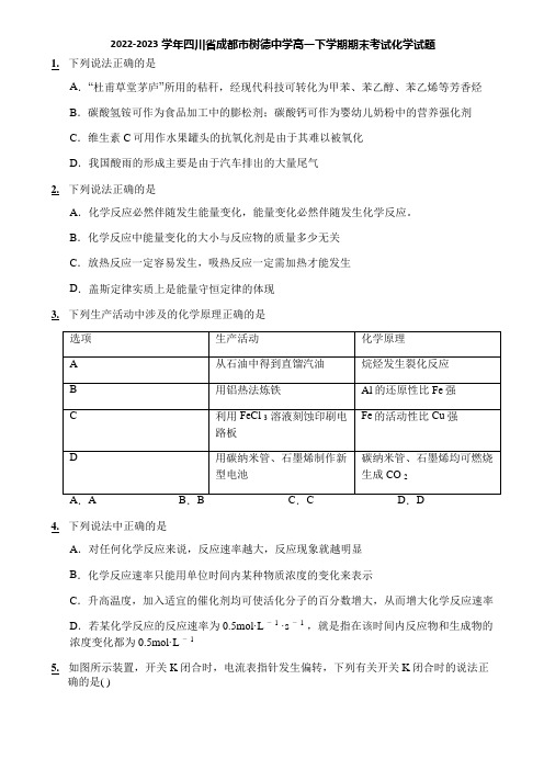 2022-2023学年四川省成都市树德中学高一下学期期末考试化学试题