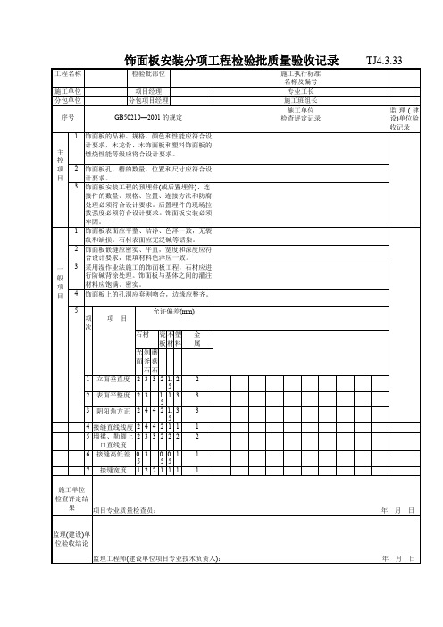 172 饰面板安装分项工程检验批质量验收记录TJ4-3-33