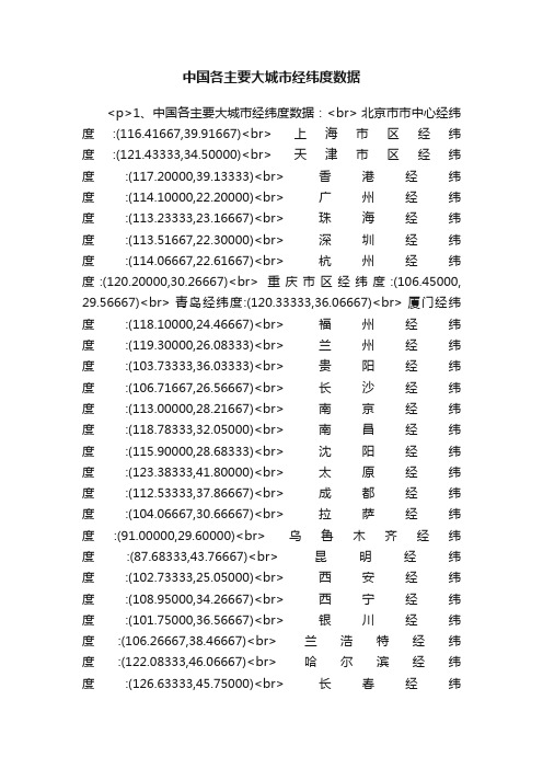 中国各主要大城市经纬度数据