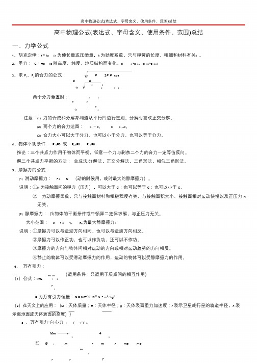 高中物理公式(表达式、字母含义、使用条件、范围)总结