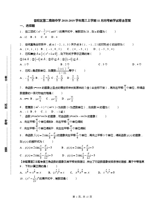 普陀区第二高级中学2018-2019学年高三上学期11月月考数学试卷含答案(1)