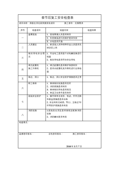 节后复工安全检查表档