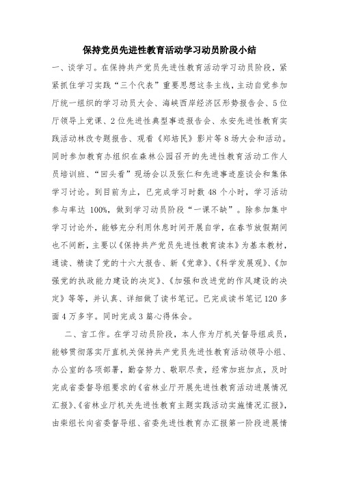 优秀个人总结范文:保持党员先进性教育活动学习动员阶段小结