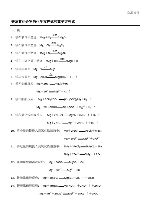 镁及其化合物的化学方程式和离子方程式