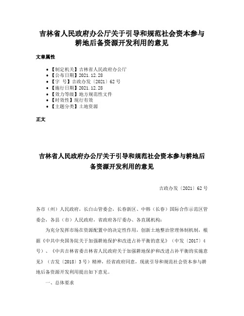 吉林省人民政府办公厅关于引导和规范社会资本参与耕地后备资源开发利用的意见