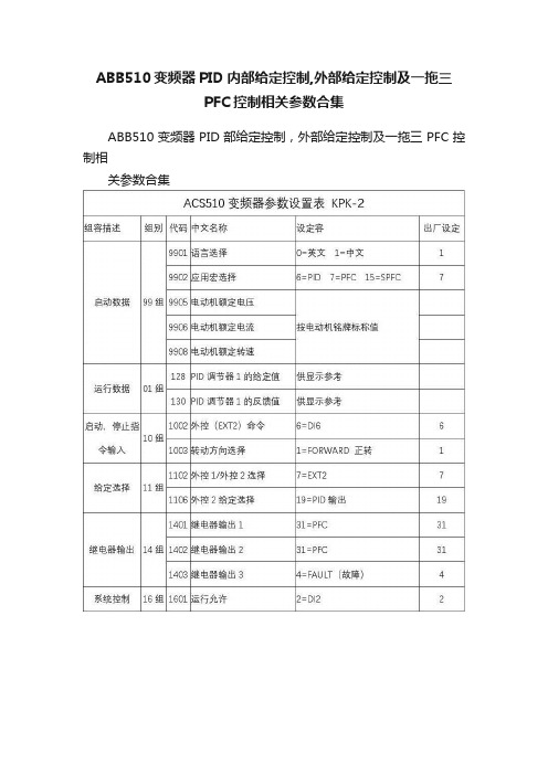 ABB510变频器PID内部给定控制,外部给定控制及一拖三PFC控制相关参数合集