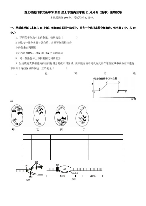 湖北省荆门市龙泉中学2021届上学期高三年级11月月考(期中)生物试卷