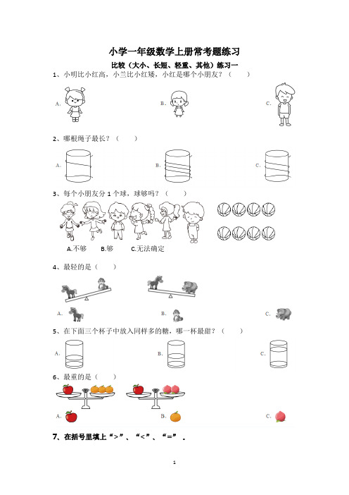 一年级单元练习常考题-比较大小、多少、轻重等