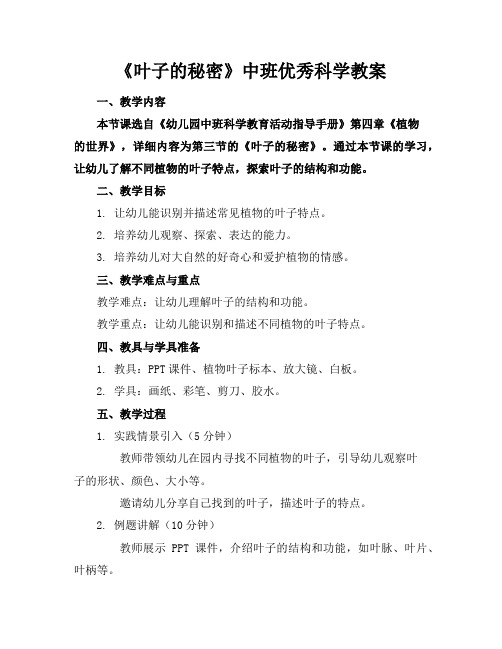 《叶子的秘密》中班优秀科学教案