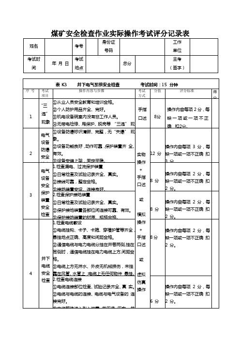 煤矿安全检查作业实际操作考试评分记录表k3+k4