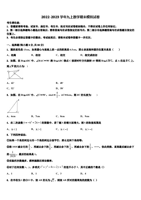 湖南省邵阳县2022年数学九年级第一学期期末学业水平测试试题含解析