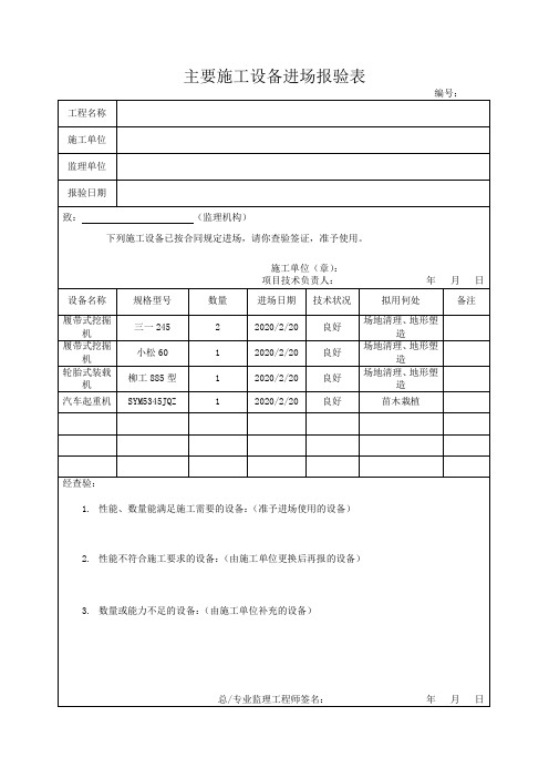 主要施工设备进场报验表