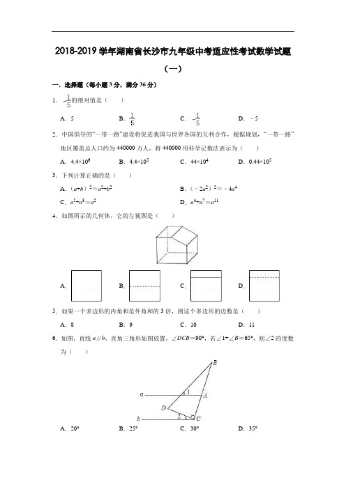 湖南省长沙市2019年九年级中考适应性考试数学试题一(含答案)