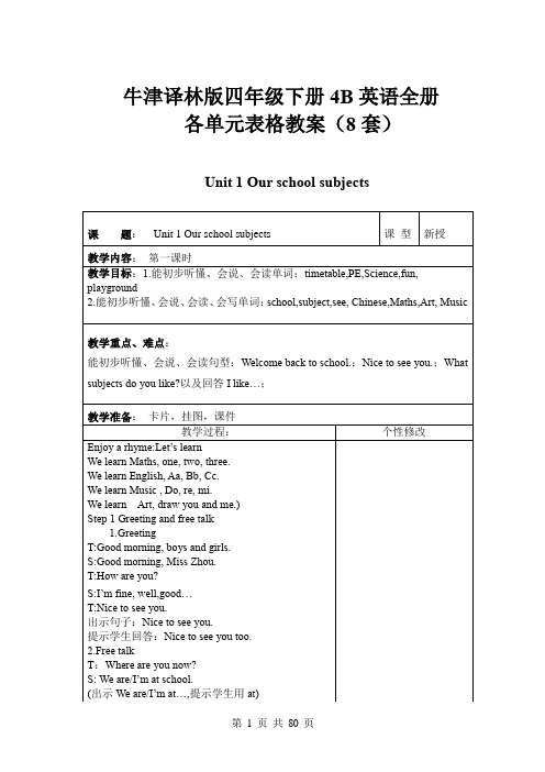 牛津译林版四年级下册4B英语全册各单元表格教案(8套)