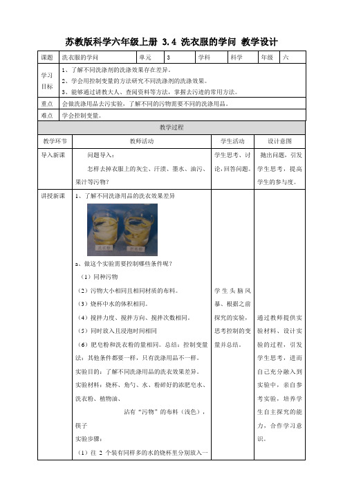 苏教版六年级科学上册第三单元《洗衣服的学问》教案设计